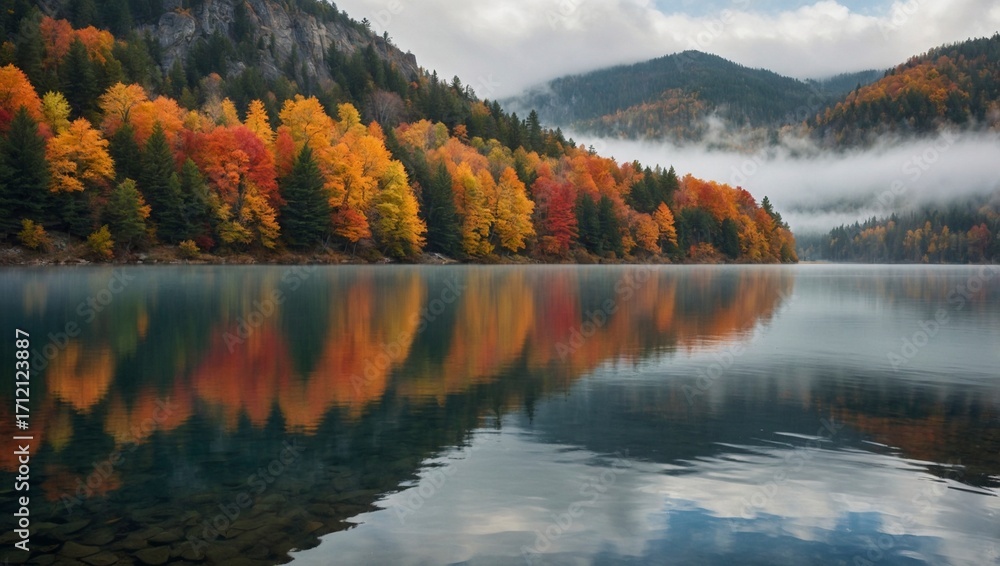 Obraz premium A tranquil lake reflects autumn trees with vibrant orange leaves, surrounded by foggy mountains. Serene fall season scene of still water surface reflecting the dramatic forest park landscape. 