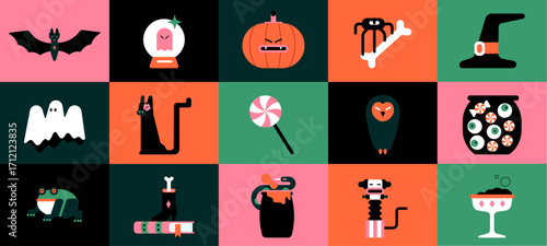 Halloween character illustration collection. Cute Halloween characters set. Spooky Halloween characters collection. Owl, cat, ghost, clown, ball, snake, bat, witch's hat, spider, frog, bat, pumpkin