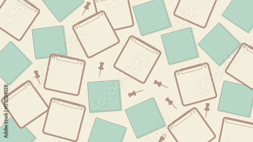 Background with clipboards and sticky notes scattered randomly with push pins in a flat style