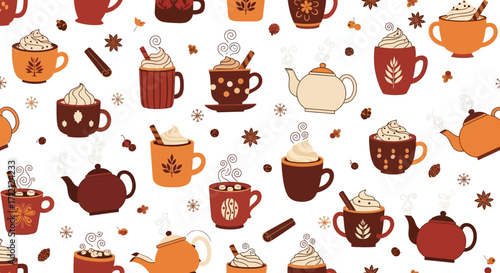 Autumn Hot Drinks Seamless Pattern with Mugs, Teapots, Whipped Cream, and Spices