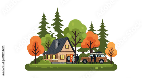 Family arriving at a cozy wooden cabin in an autumn forest with a car