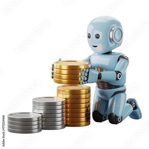 3d robot kneeling stacking gold and silver coins symbolizing finance investment savings wealth economy isolated on transparent background