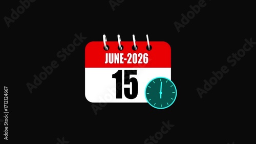 June 2026 Calendar Page with Clock Showing the 15th Day on Black Background date