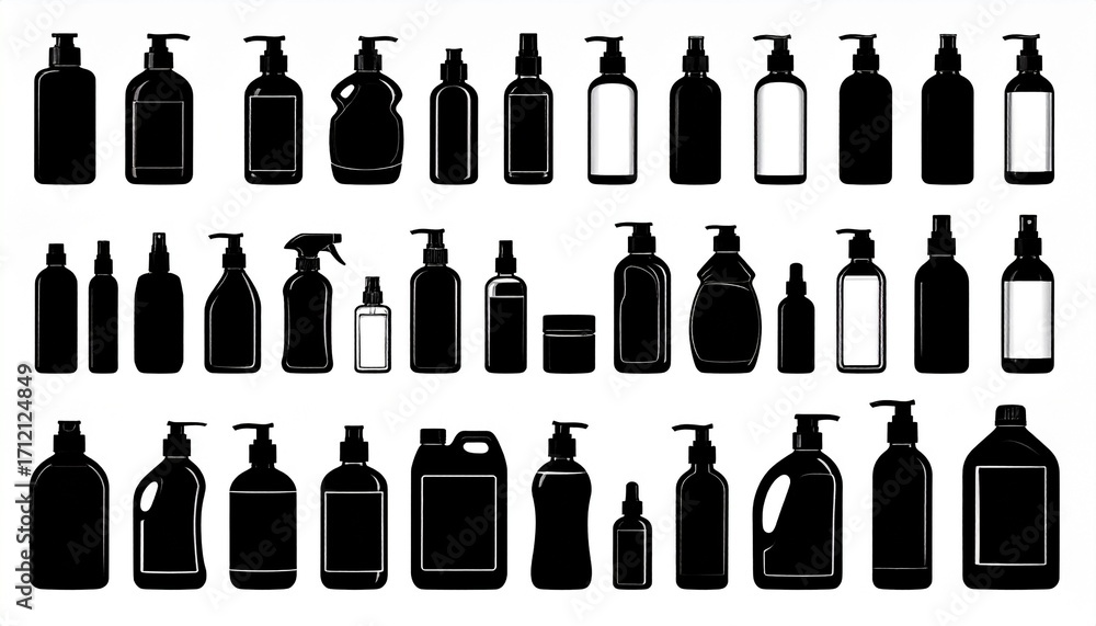 Fototapeta premium Collection of Black and White Bottle Silhouettes Isolated on White Background
