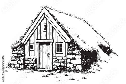 Vector illustration of a traditional turf house, drawn in black and white with bold outlines, emphasizing rustic heritage, cultural history, and architectural simplicity.