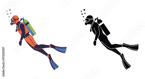 Colorful and silhouette depictions of a scuba diver in aquatic gear