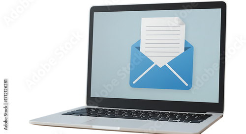 A modern silver laptop displaying a blue email envelope icon with a document inside on its screen isolated on white background
