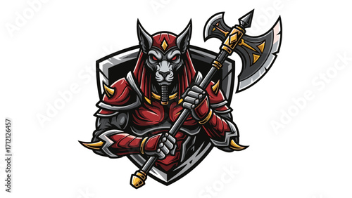 Warrior Wolf Mascot Logo Illustration with Axe and Shield in a Red and Black Design