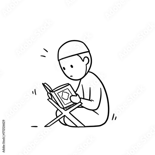 Young Muslim boy reading Quran while sitting on the floor during Ramadan  