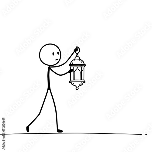 Stick figure walking with lantern at night for the concept of Ramadan  