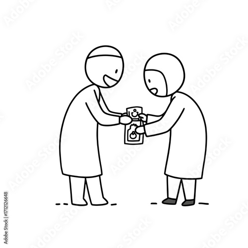 Two people smiling while exchanging gifts during Ramadan celebration  