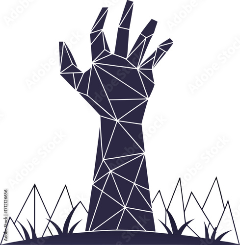 Vector art of geometric zombie hand rising from the ground, abstract low poly design
