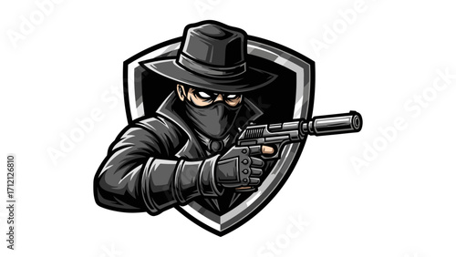Mascot Logo Illustration of a Spy Holding a Gun in Front of a Shield