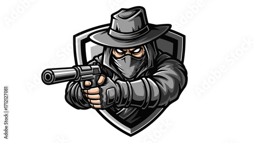 Mascot Logo Illustration of a Mysterious Agent Holding a Handgun