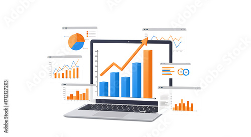 A laptop displaying a growing bar and line graph surrounded by other financial charts and data visualizations isolated on white background