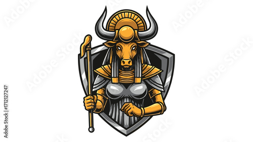 Ancient Egyptian Taurus Mascot Logo Illustration with Shield and Scepter