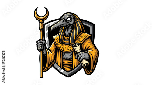 Ancient Egyptian Thoth Mascot Logo Illustration Golden Crescent Staff Egyptian Mythology Art