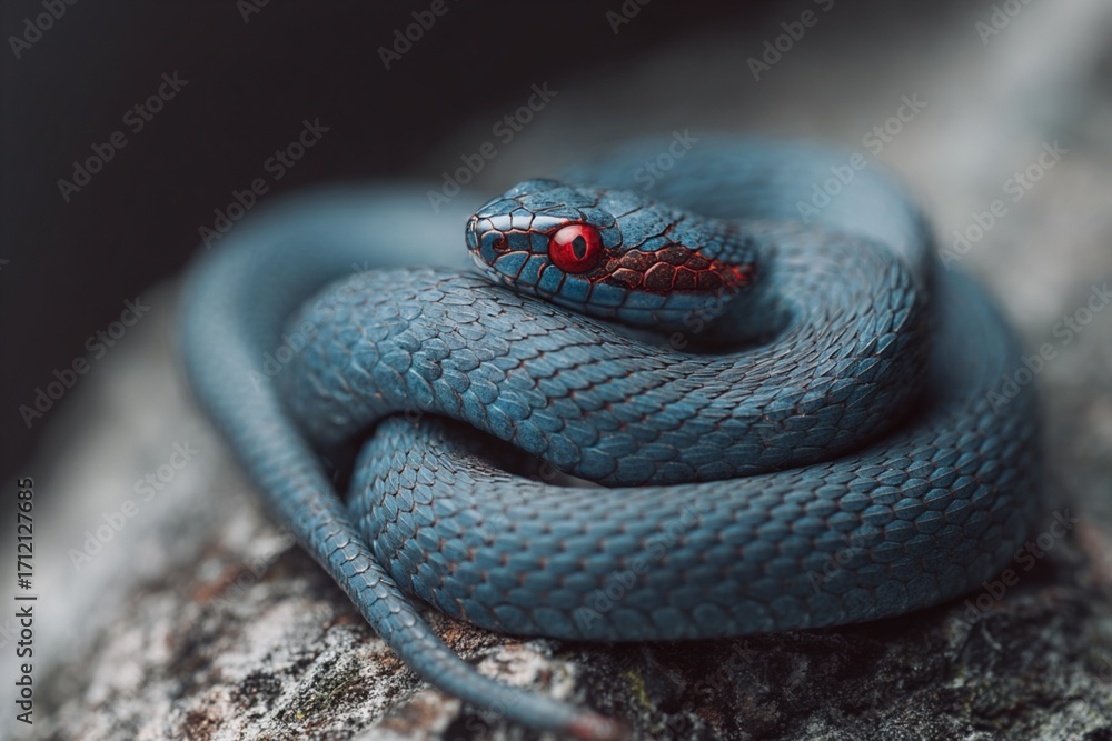 Obraz premium A venomous green serpent with bright eyes and dangerous scales slithers on a branch in the wild