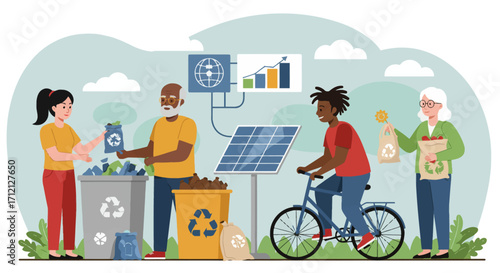 Flat vector illustration of diverse people supporting sustainable lifestyle with recycling and renewable energy