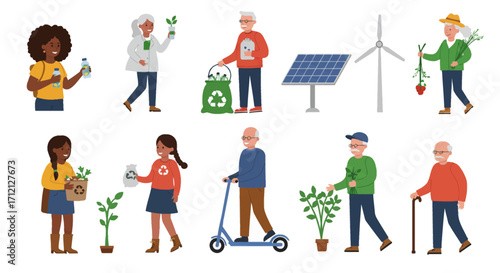 Flat vector illustration of diverse people supporting sustainable lifestyle with recycling and renewable energy