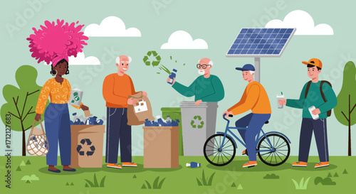Flat vector illustration of diverse people supporting sustainable lifestyle with recycling and renewable energy