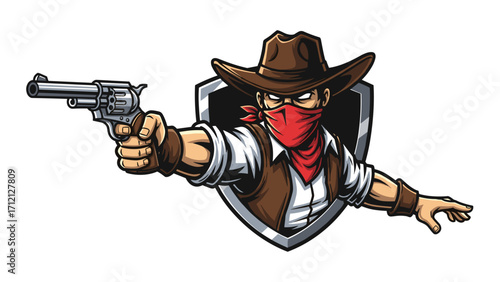 Cowboy Bandit Mascot Logo Illustration with Gun, Western Style Emblem