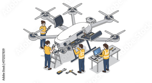 Isometric vector of engineers repairing industrial drone with camera, UAV technology maintenance, modern aerospace engineering illustration for smart industry and inspection systems