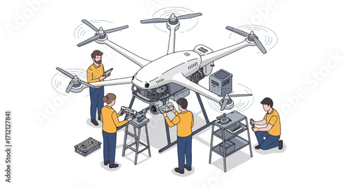 Isometric vector of engineers repairing industrial drone with camera, UAV technology maintenance, modern aerospace engineering illustration for smart industry and inspection systems