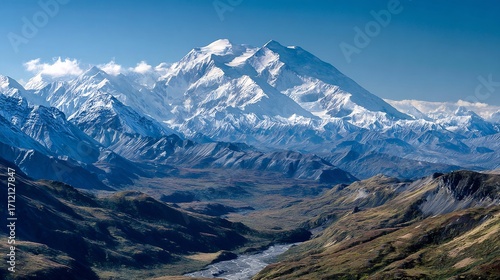 Explore the majestic mountain range landscape with snow capped peaks and scenic valley views today