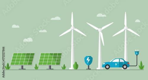 Minimal flat design of green technology renewable power, solar panels, wind turbines, and electric caMinimal flat design of green technology renewable power, solar panels, wind turbines, and electric 