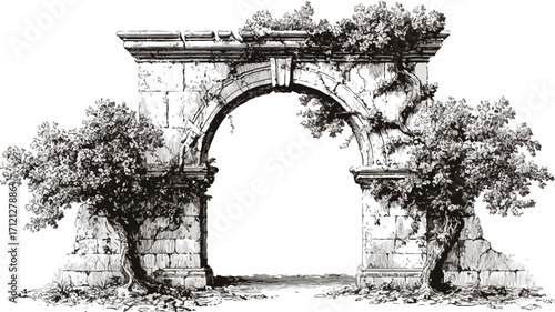 Majestic Stone Archway Covered in Vines Silhouetted Against the Sky