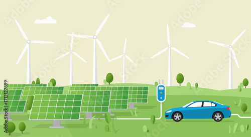 Minimal flat design of green technology renewable power, solar panels, wind turbines, and electric caMinimal flat design of green technology renewable power, solar panels, wind turbines, and electric 