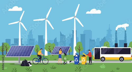 Vector concept of green energy and recycling practices. Solar panels, wind turbines, waste sorting, eco transport, and people promoting zero waste lifestyle. Flat illustration for environment