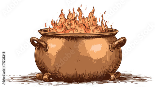 Vintage copper cauldron over flames isolated on white background