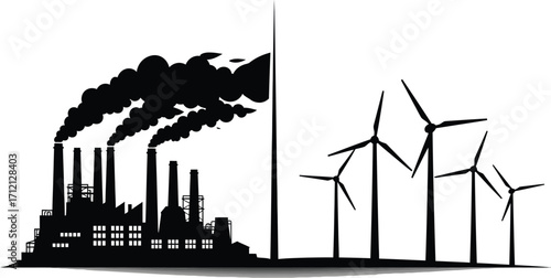 Contrasting industrial pollution and renewable energy, showcasing the transition towards a cleaner and more sustainable future