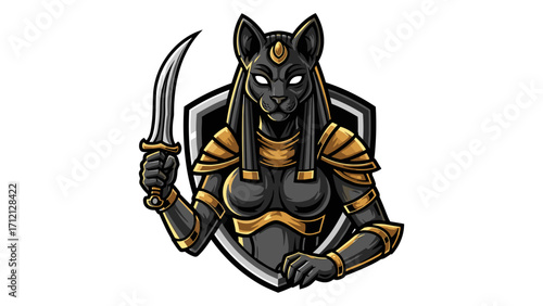 Bastet Warrior Mascot Logo Illustration Powerful Egyptian Cat Goddess Design