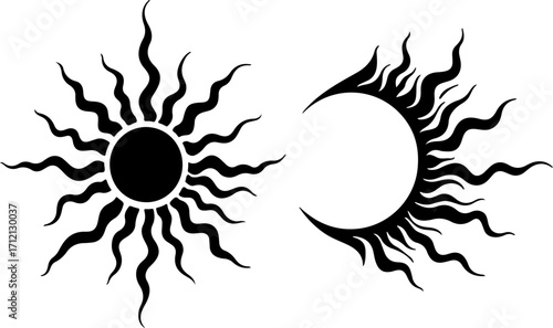 Sun and Moon Vector Set – Tribal Tattoo Style Celestial Silhouettes