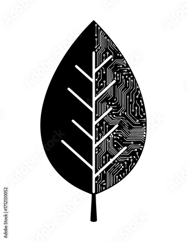  A stylized leaf split vertically, with the left half solid black 