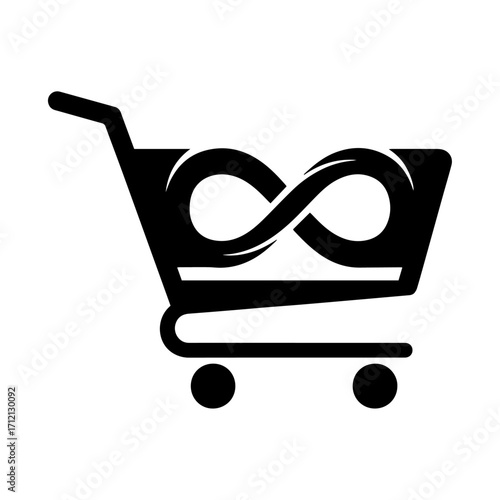 black icon illustration of a shopping cart with an infinity