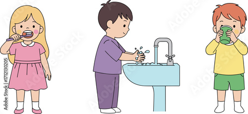 A vector illustration set of cute children, showing good daily hygiene habits, including a girl brushing teeth, and boys washing hands.