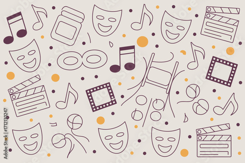 A pattern featuring theatre masks, film clapperboards, music notes, and other performing arts symbols