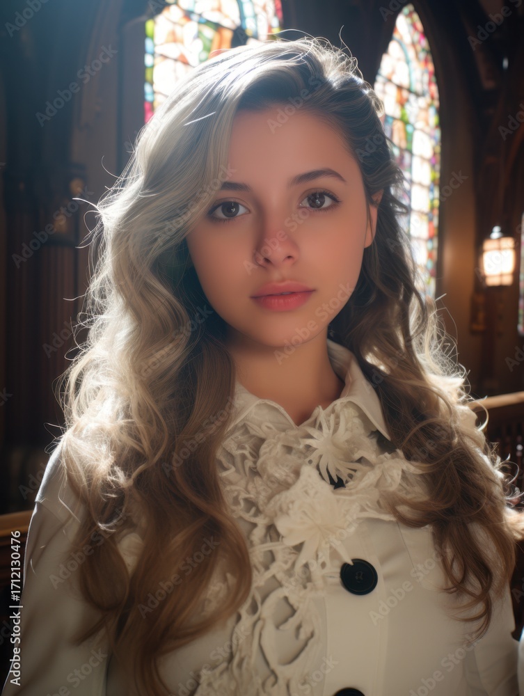 Fototapeta premium Portrait of a young woman with wavy blonde hair wearing a white coat in a church setting indoors