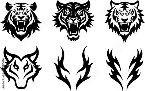 Tiger Head Vector Set – Tribal and Tattoo Style Wild Cat Silhouette