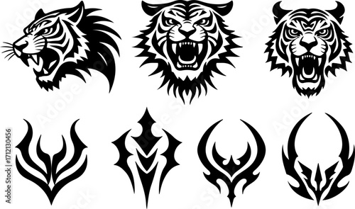 Tiger Head Vector Set – Tribal and Tattoo Style Wild Cat Silhouette