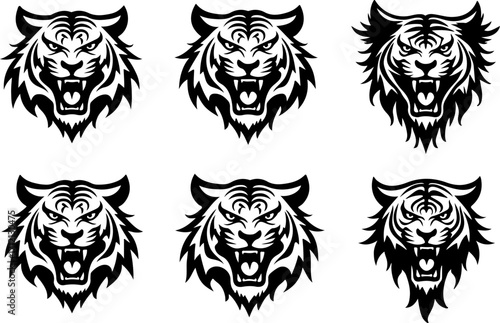 Tiger Head Vector Set – Tribal and Tattoo Style Wild Cat Silhouette