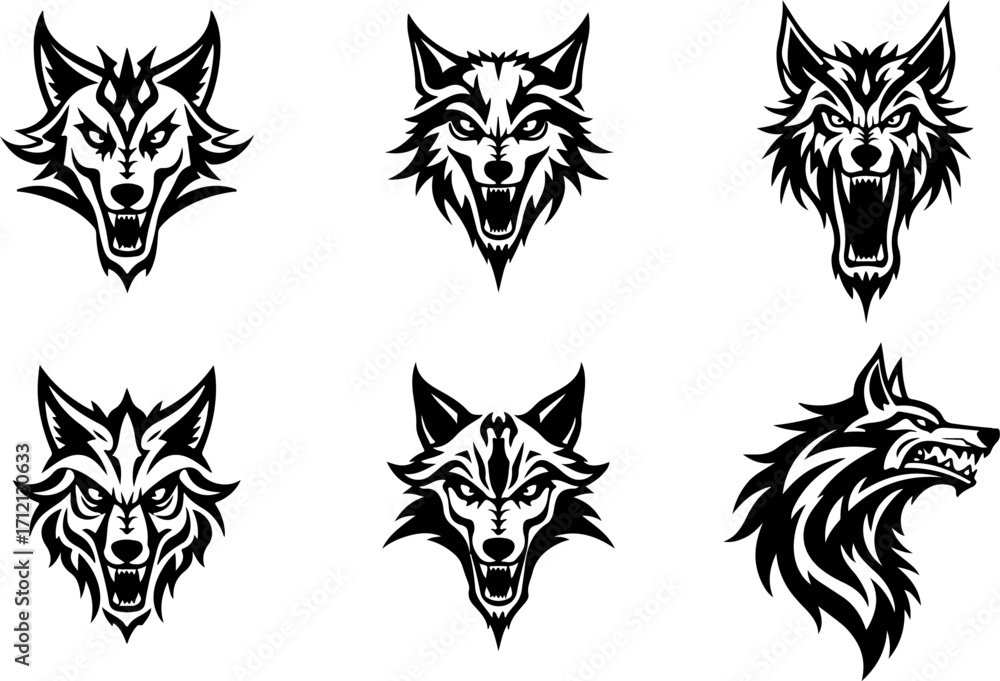 Obraz premium Wolf Head Vector Set – Tribal and Tattoo Style Silhouette Design
