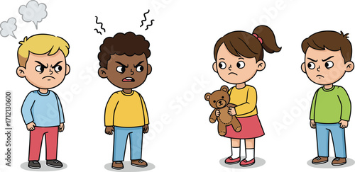Angry children illustration, kids arguing, conflict and disagreement, cartoon characters fighting, childhood emotions, upset faces, toy dispute, unhappy group interaction