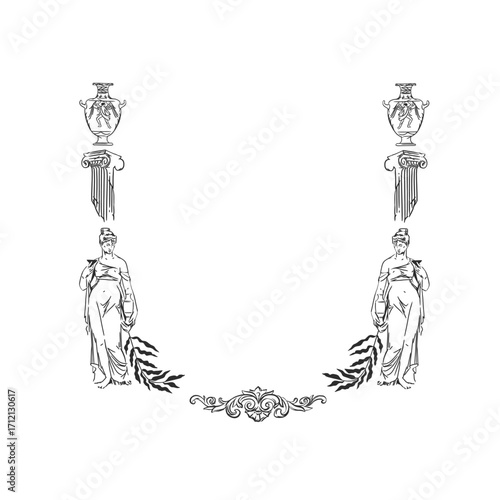 vintage antique vase ornaments frame swirls and scrolls decorations retro design vector frames and invitations, greeting cards, certificates borders,hand drawn ancient line frame.