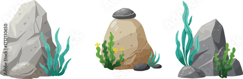 Aquarium rock decoration with seaweed, underwater stone illustration, marine background design, natural aquascape, ocean floor rocks, aquatic plant graphic