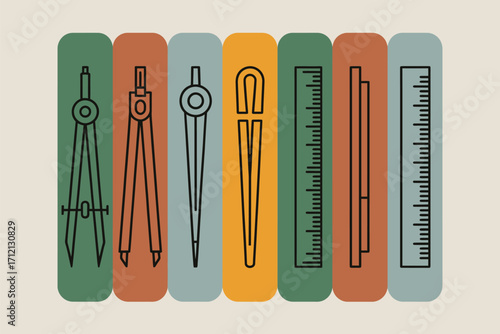 Illustration of drafting tools including compasses and rulers in vertical color blocks on beige background